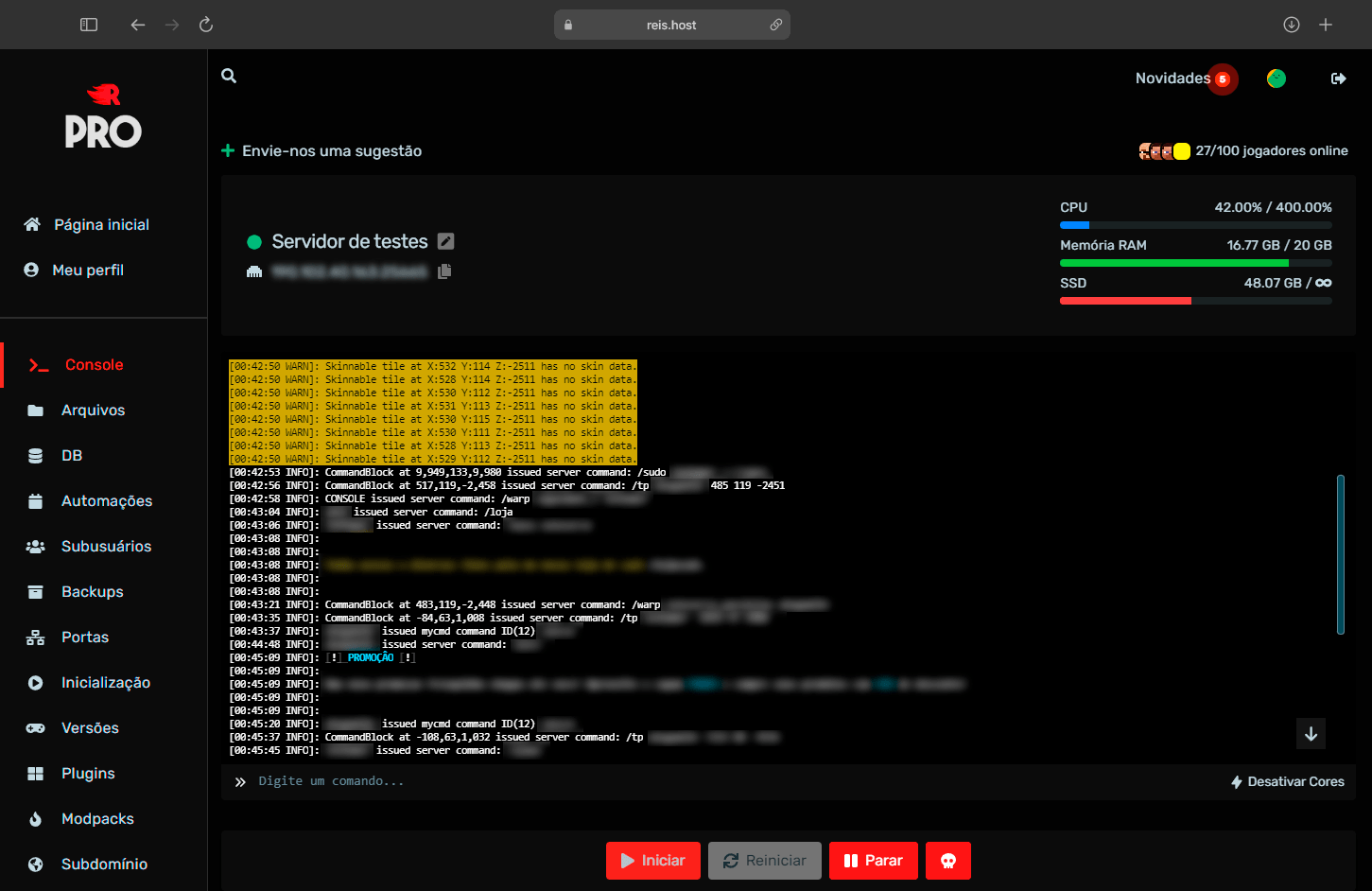 Demonstração do painel da host minecraft
