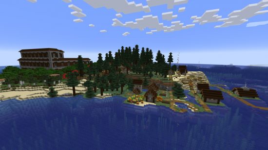 Seeds do Minecraft: Seed de ilha - uma rara ilha do Minecraft com um bioma de taiga, uma vila, uma praia e uma mansão do bosque.