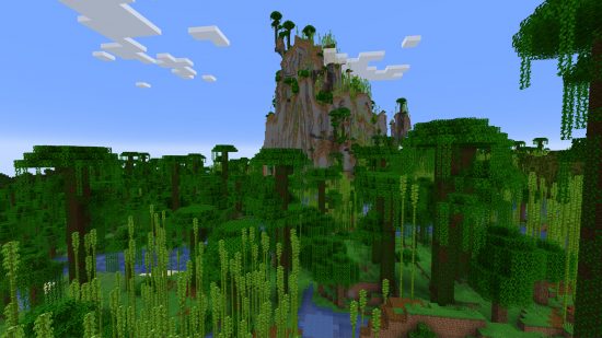 Seeds do Minecraft: Seed da selva - uma grande selva cheia de bambu com uma face de rocha ao fundo.