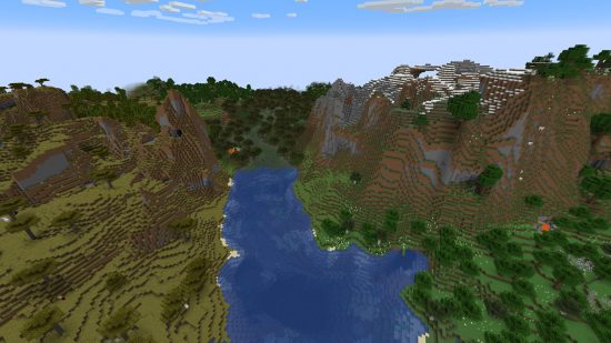 Seeds do Minecraft: seed com todos os biomas - planícies, savana, colinas nevadas, pântano e mais biomas podem ser vistos do mesmo lugar, no ponto de spawn.