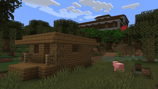 Minecraft seeds: Seed da Cabana da Bruxa - Uma cabana de bruxa com uma grande mansão do bosque logo atrás.