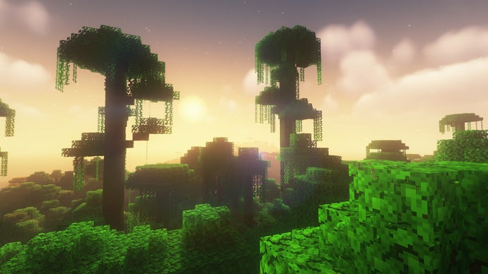 Uma selva em Minecraft, com duas árvores enormes emergindo da vegetação.
