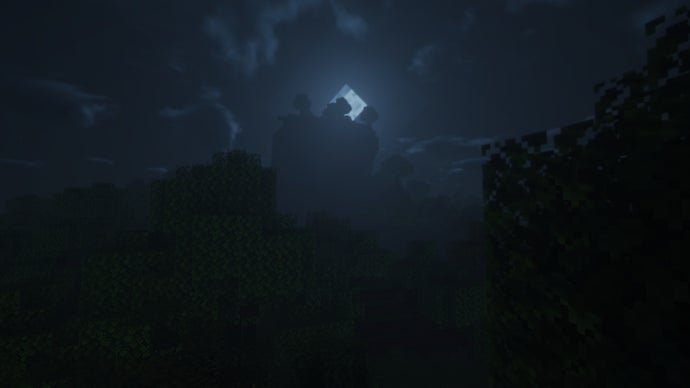 Uma cena noturna em Minecraft, com a lua surgindo acima da paisagem.