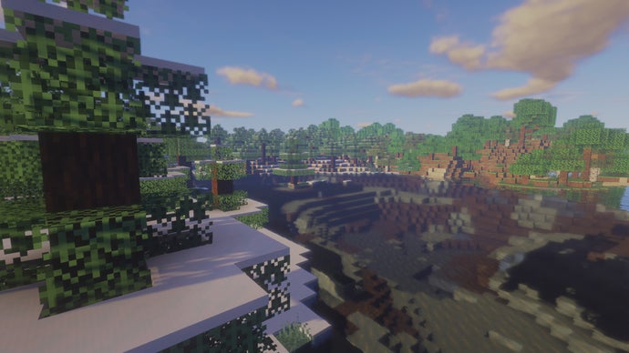 Uma floresta ao lado de um rio em Minecraft.