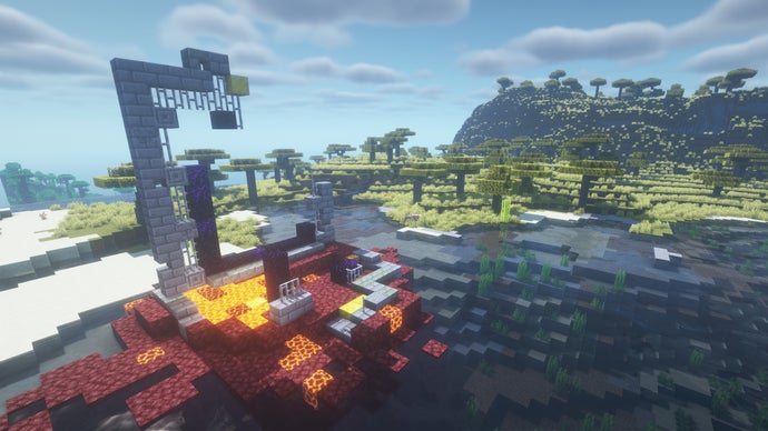 Um portal do Nether arruinado em Minecraft.