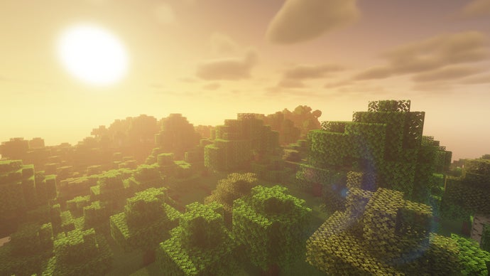 Um nascer do sol sobre uma floresta em Minecraft.