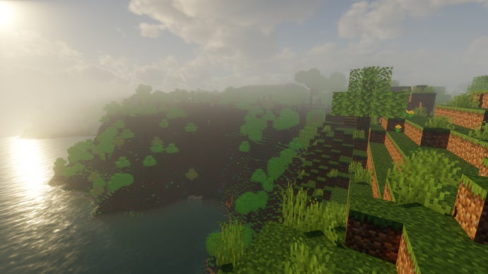 Uma costa com grama e uma árvore no servidor Minecraft.