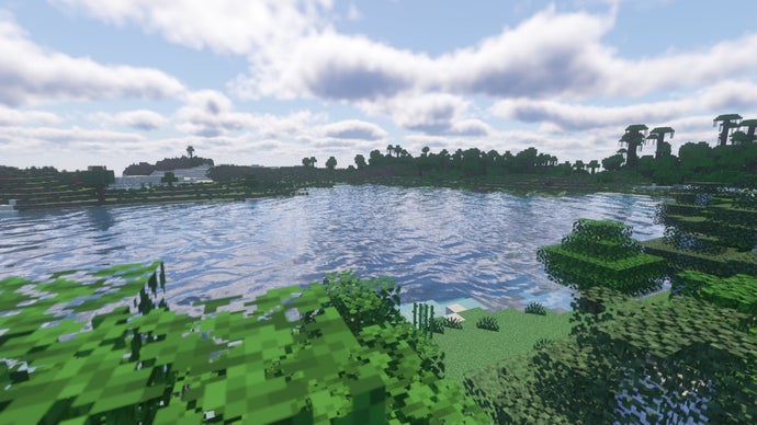 Um lago entre duas florestas no servidor Minecraft.