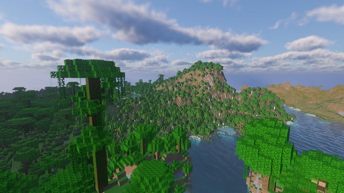 Uma selva ao lado de um rio no servidor Minecraft.