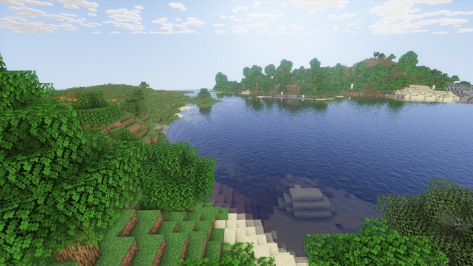 Algumas árvores em uma costa de planícies no servidor Minecraft.