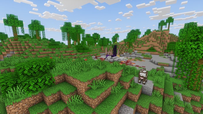 Uma paisagem de planícies no servidor Minecraft, com uma floresta ao longe.