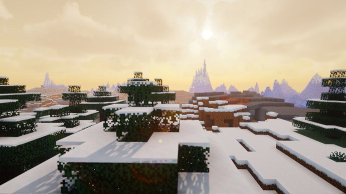 Copas de árvores cobertas de neve no servidor Minecraft.