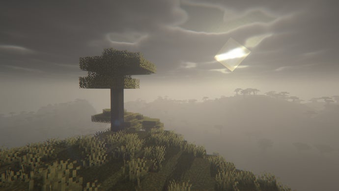 Uma paisagem nebulosa no servidor Minecraft com uma única árvore em primeiro plano.
