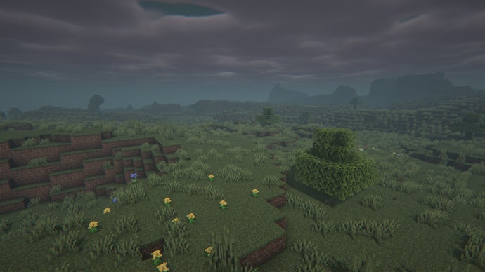 Um bioma de planícies nebuloso no servidor Minecraft.