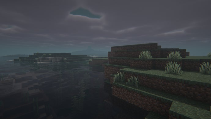 Detalhe da grama ao lado de um rio em uma paisagem nebulosa no servidor Minecraft.