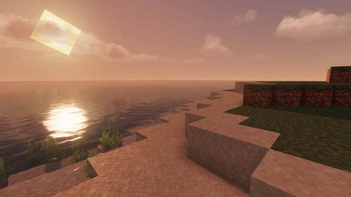 Uma praia no servidor Minecraft ao pôr do sol.