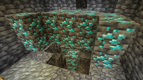 Minecraft seeds: seed de diamantes - uma grande veia de diamantes cercada por deepslate.