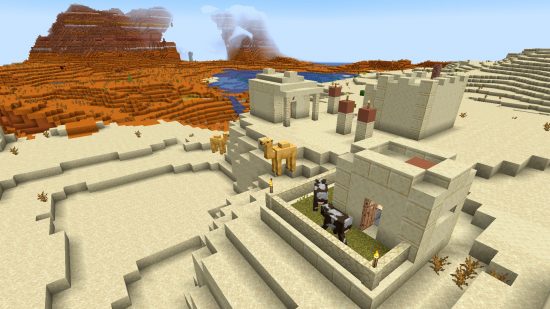 Melhores seeds de Minecraft 1.20: uma vila no deserto com camelos e Badlands no horizonte.