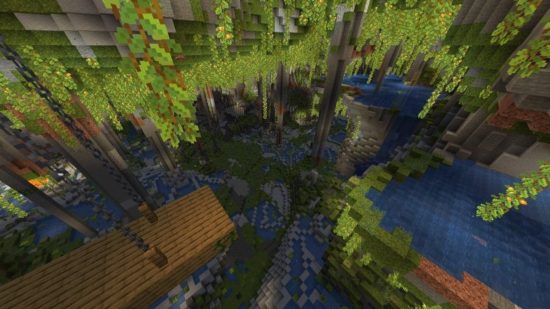 Melhores seeds do Minecraft: uma seed de caverna exuberante do Minecraft com poços de água e uma mina.