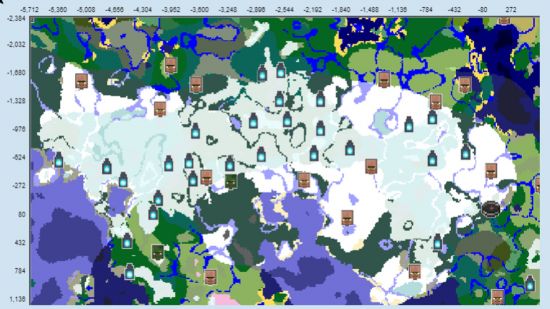 Uma imagem de cima para baixo de um mapa do Minecraft mostrando 25 Cidades Antigas em um raio de 5.000 blocos em uma das melhores seeds do Minecraft.