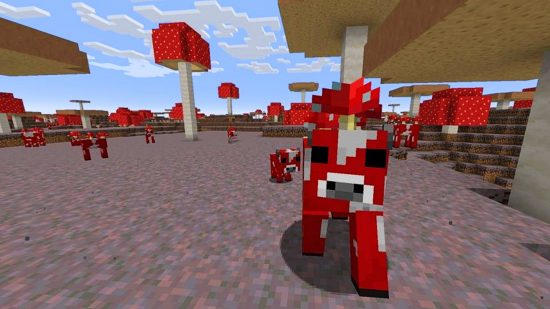 Seeds do Minecraft: Um Mooshroom no bioma de campos de cogumelos.