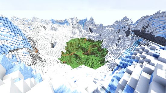 Uma vasta paisagem gelada em uma das melhores seeds do Minecraft para 1.20, com uma clareira verde circular cercada por montanhas brancas altíssimas.