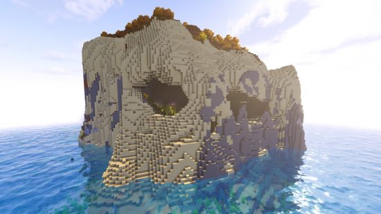 Uma ilha que se parece com um crânio em uma das melhores seeds do Minecraft.