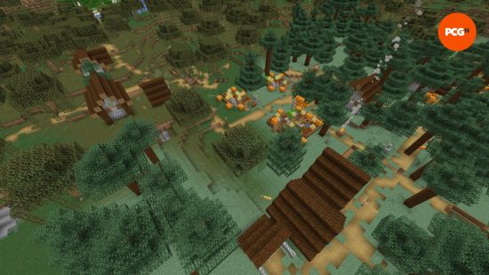 Uma vila na taiga parcialmente gerada em um bioma de pântano em uma das melhores seeds do Minecraft.