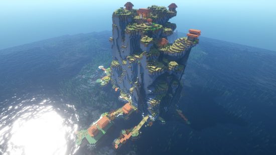 Melhores seeds do Minecraft: uma vila do Minecraft construída em uma ilha alta e rochosa.