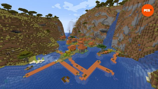 Uma grande vila na savana situada em um rio em uma das melhores seeds do Minecraft.