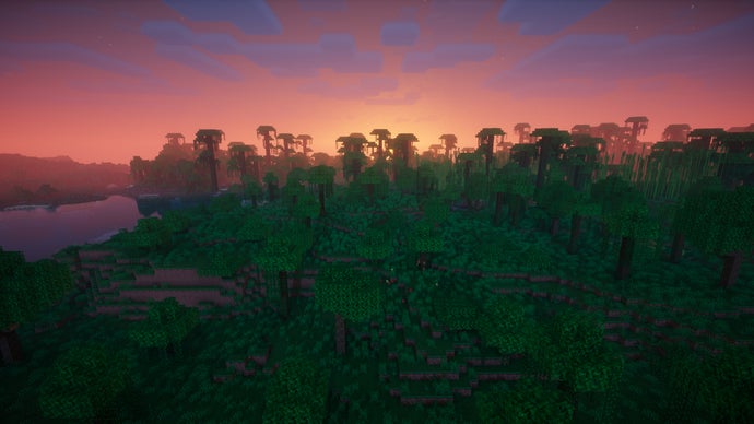 Vista aérea de uma selva no servidor Minecraft ao pôr do sol.