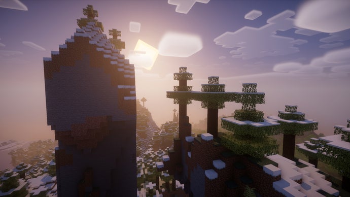 O sol nascendo sobre uma floresta nevada no servidor Minecraft.