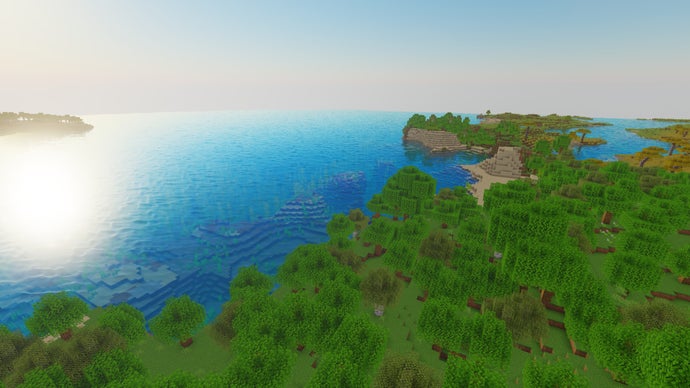 Vista aérea de uma floresta no servidor Minecraft na beira de um oceano.