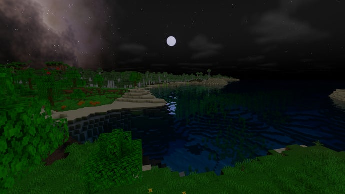 Costa de um oceano no servidor Minecraft à noite.