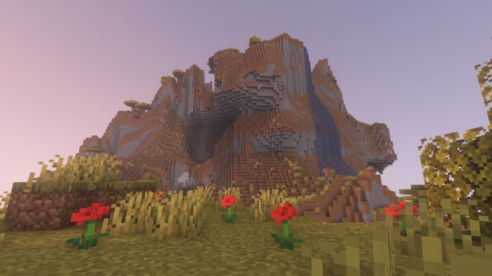 Um bioma de colinas extremas no servidor Minecraft, com rosas em primeiro plano.