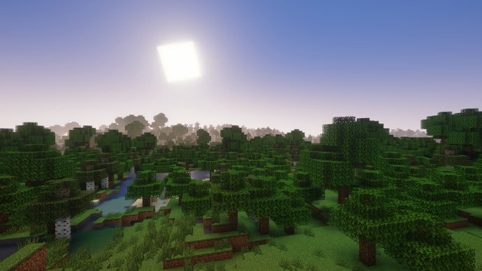 O sol nascendo sobre uma floresta no servidor Minecraft.
