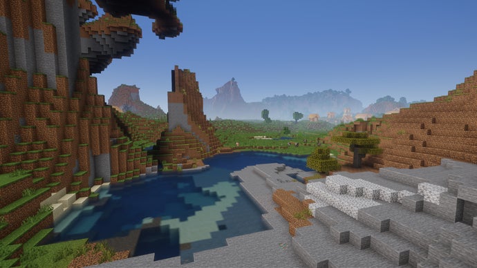 Um pequeno rio corta uma paisagem rochosa no servidor Minecraft.
