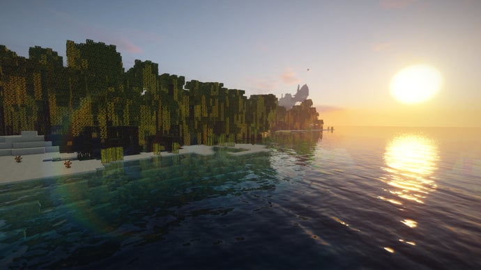 O sol refletido no oceano ao lado de uma floresta no servidor Minecraft.