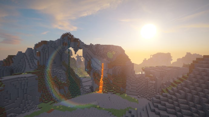 Uma paisagem de colinas extremas no servidor Minecraft, com lava escorrendo da colina central.